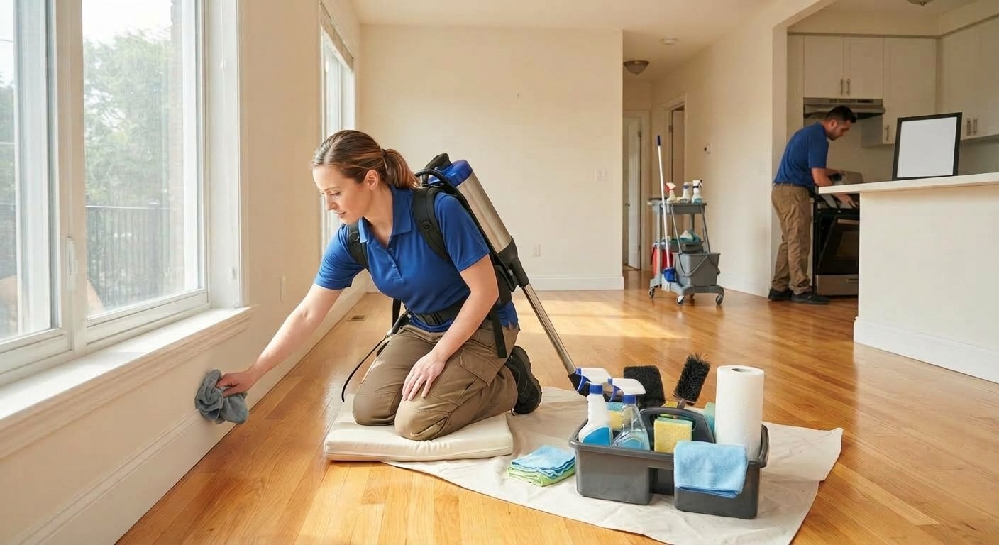 Professional cleaner preparing an empty apartment for move-out.